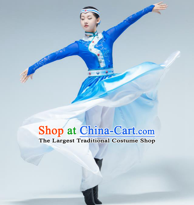 China Mongolian Nationality Dance Blue Dress Traditional Mongol Ethnic Stage Performance Women Clothing