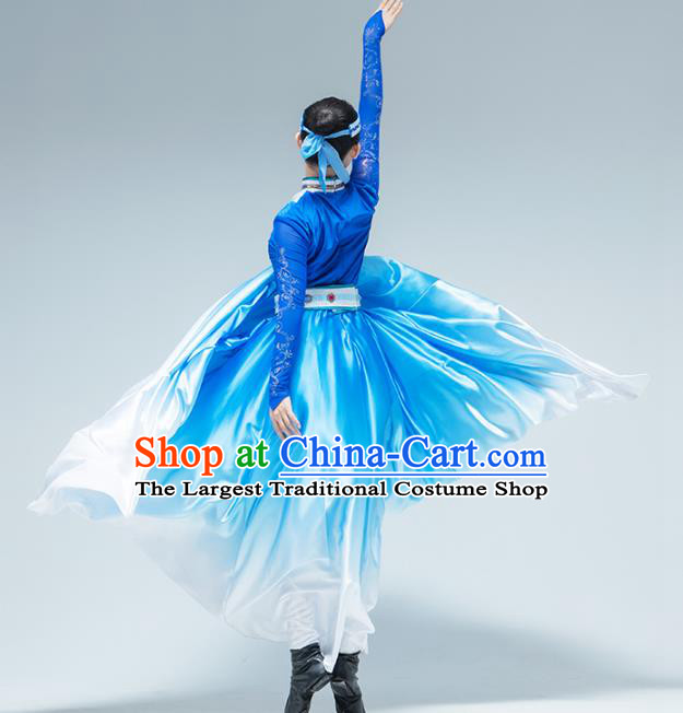China Mongolian Nationality Dance Blue Dress Traditional Mongol Ethnic Stage Performance Women Clothing
