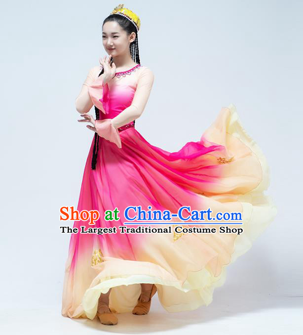 China Traditional Xinjiang Ethnic Stage Performance Clothing Uyghur Nationality Dance Rosy Dress