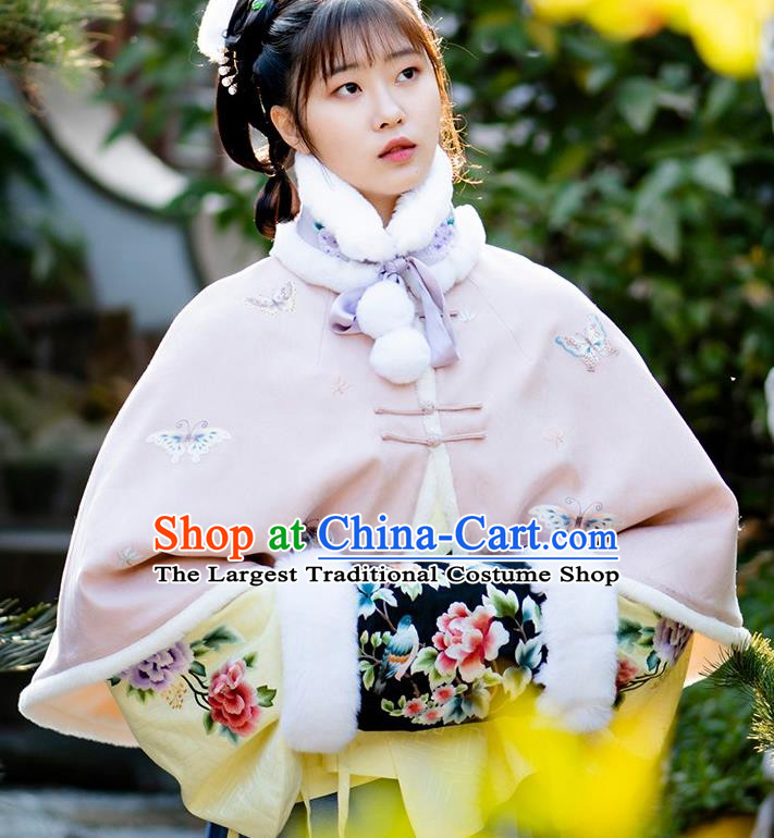 China Traditional Embroidered Costume Tang Suit Pink Short Cloak Embroidery Butterfly Winter Upper Outer Garment