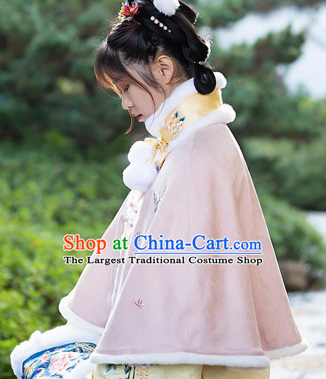 China Traditional Embroidered Costume Tang Suit Pink Short Cloak Embroidery Butterfly Winter Upper Outer Garment