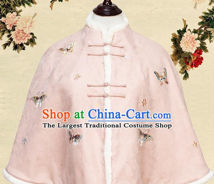 China Traditional Embroidered Costume Tang Suit Pink Short Cloak Embroidery Butterfly Winter Upper Outer Garment