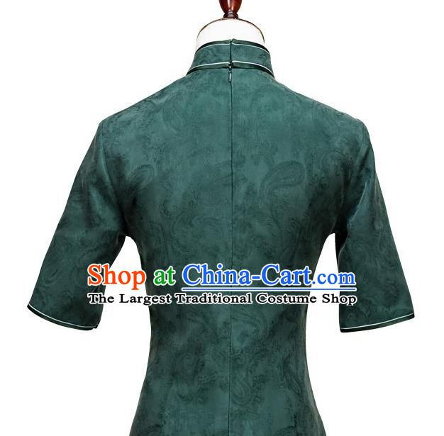 China Embroidery Butterfly Deep Green Silk Qipao Dress Traditional Embroidered Cheongsam Costume