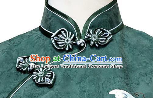 China Embroidery Butterfly Deep Green Silk Qipao Dress Traditional Embroidered Cheongsam Costume