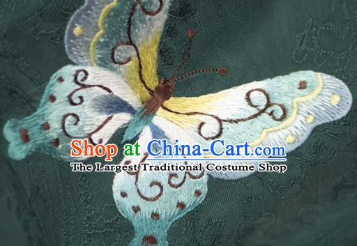 China Embroidery Butterfly Deep Green Silk Qipao Dress Traditional Embroidered Cheongsam Costume