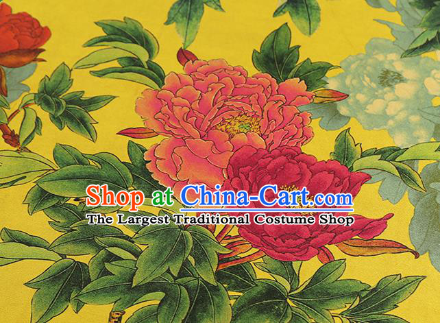Chinese Gambiered Guangdong Gauze Brocade Cloth Drapery Traditional Cheongsam Royal Peony Pattern Yellow Silk Fabric