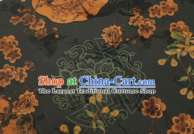 Chinese Dark Green Brocade Cloth Drapery Gambiered Guangdong Gauze Traditional Cheongsam Royal Plum Fan Pattern Silk Fabric