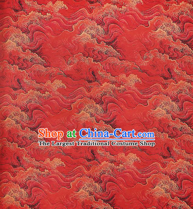 Chinese Red Brocade Cloth Drapery Gambiered Guangdong Gauze Traditional Cheongsam Royal Wave Pattern Silk Fabric