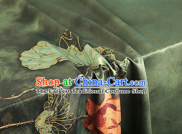Chinese Olive Green Brocade Cloth Drapery Gambiered Guangdong Gauze Traditional Cheongsam Royal Lotus Pattern Silk Fabric