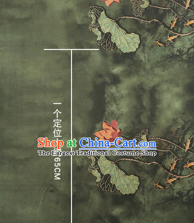 Chinese Olive Green Brocade Cloth Drapery Gambiered Guangdong Gauze Traditional Cheongsam Royal Lotus Pattern Silk Fabric