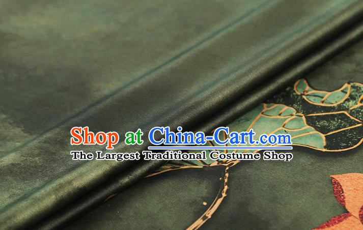 Chinese Olive Green Brocade Cloth Drapery Gambiered Guangdong Gauze Traditional Cheongsam Royal Lotus Pattern Silk Fabric