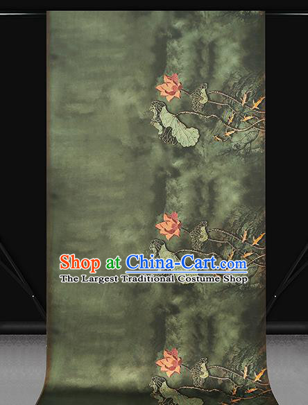 Chinese Olive Green Brocade Cloth Drapery Gambiered Guangdong Gauze Traditional Cheongsam Royal Lotus Pattern Silk Fabric