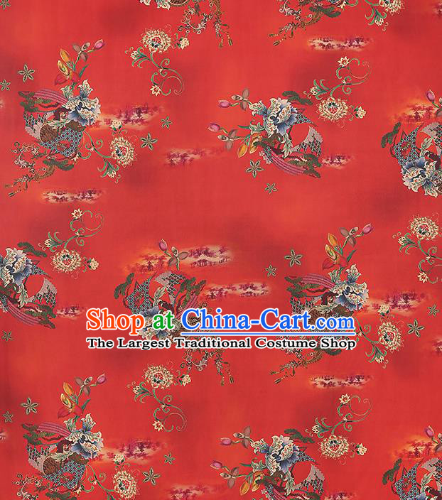 Chinese Classical Flowers Pattern Gambiered Guangdong Gauze Drapery Traditional Cheongsam Silk Fabric Red Brocade Cloth