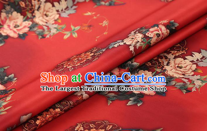 Chinese Traditional Cheongsam Silk Fabric Red Brocade Cloth Classical Peony Pattern Gambiered Guangdong Gauze Drapery
