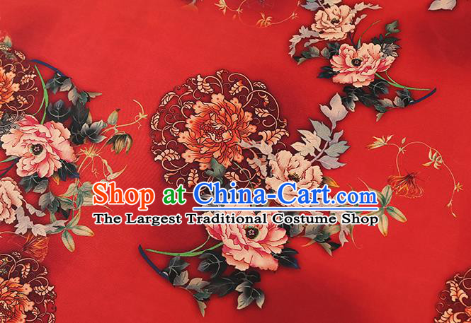 Chinese Traditional Cheongsam Silk Fabric Red Brocade Cloth Classical Peony Pattern Gambiered Guangdong Gauze Drapery