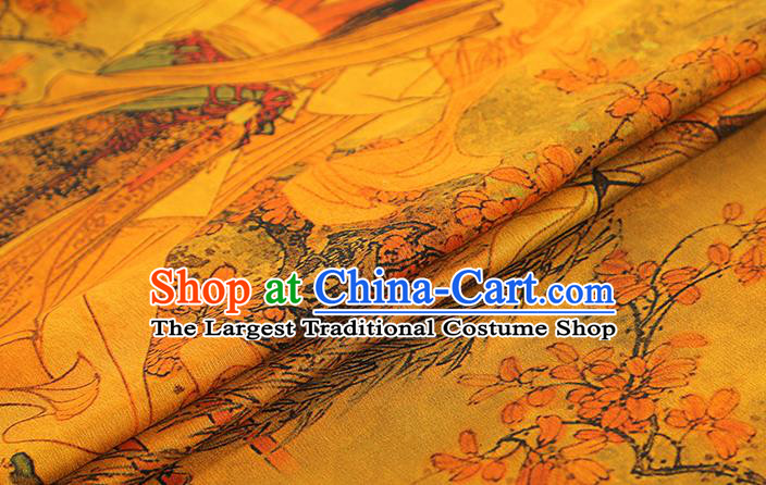 Chinese Traditional Cheongsam Yellow Silk Fabric Classical Beauty Pattern Gambiered Guangdong Gauze Drapery Brocade Cloth