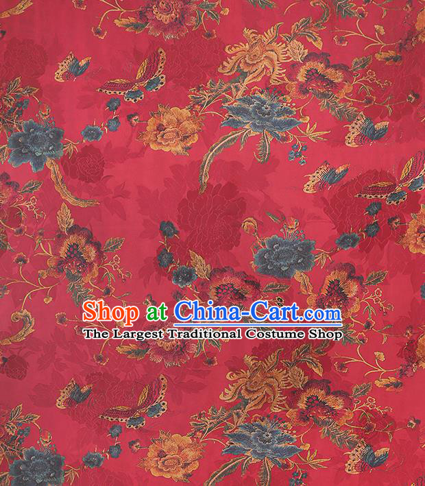 Chinese Traditional Brocade Cloth Cheongsam Red Silk Fabric Classical Peony Butterfly Pattern Gambiered Guangdong Gauze Drapery