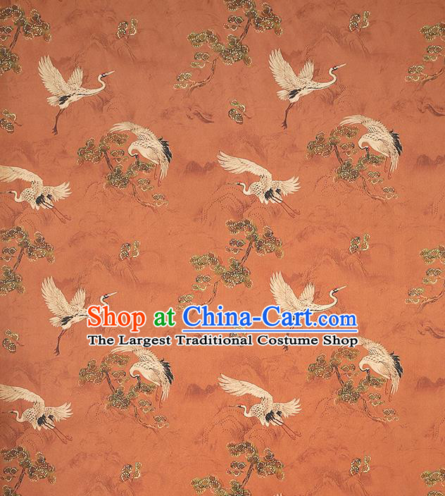 Chinese Classical Pine Crane Pattern Gambiered Guangdong Gauze Drapery Cheongsam Silk Fabric Traditional Orange Brocade Cloth
