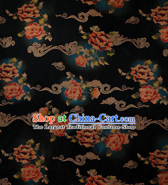 Chinese Traditional Gambiered Guangdong Gauze Cheongsam Silk Drapery Classical Peony Pattern Navy Brocade Fabric
