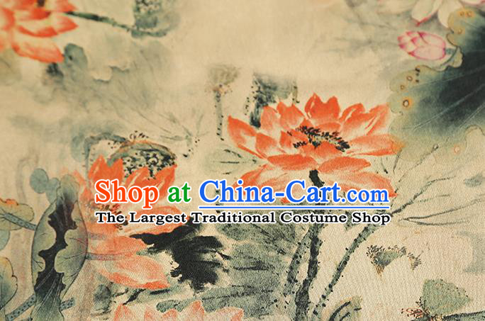 Chinese Classical Lotus Pattern Light Yellow Brocade Fabric Cheongsam Silk Drapery Traditional Gambiered Guangdong Gauze
