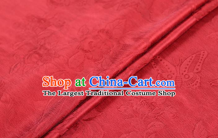 Chinese Cheongsam Silk Drapery Classical Butterfly Flowers Pattern Brocade Fabric Traditional Jacquard Red Gambiered Guangdong Gauze