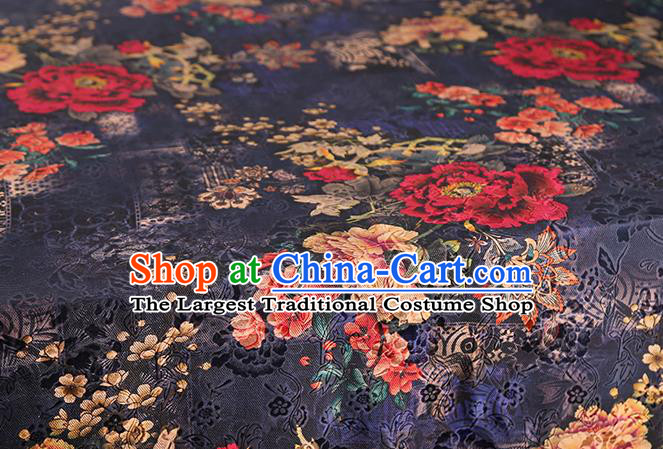 Chinese Traditional Gambiered Guangdong Gauze Classical Peony Pattern Brocade Fabric Cheongsam Printing Navy Silk Drapery