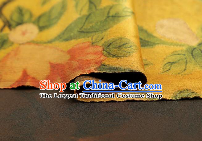 Chinese Classical Peony Pattern Brocade Fabric Traditional Gambiered Guangdong Gauze Cloth Cheongsam Yellow Silk Drapery