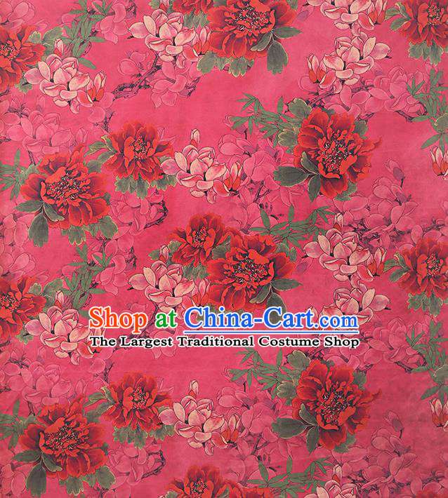 Chinese Traditional Cheongsam Gambiered Guangdong Gauze Cloth Silk Drapery Classical Peony Pattern Rosy Brocade Fabric
