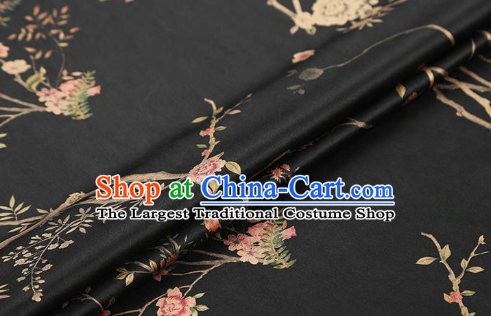 Chinese Classical Flowers Birds Pattern Brocade Traditional Black Silk Drapery Cheongsam Gambiered Guangdong Gauze Fabric