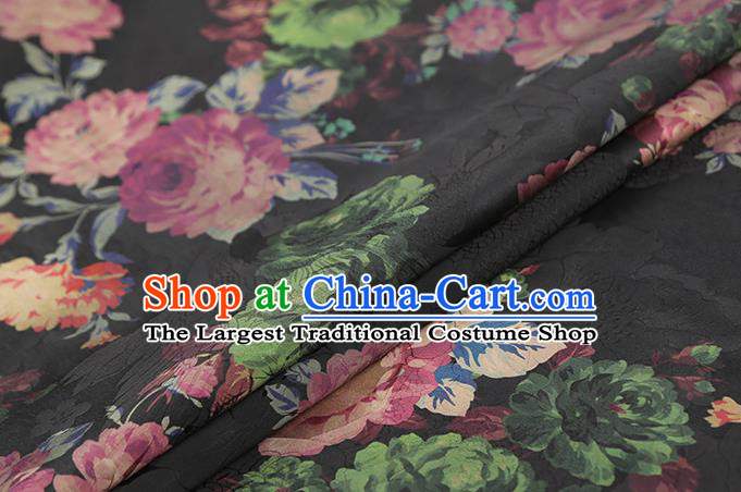 Chinese Classical Roses Pattern Brocade Cheongsam Black Gambiered Guangdong Gauze Fabric Traditional Silk Drapery
