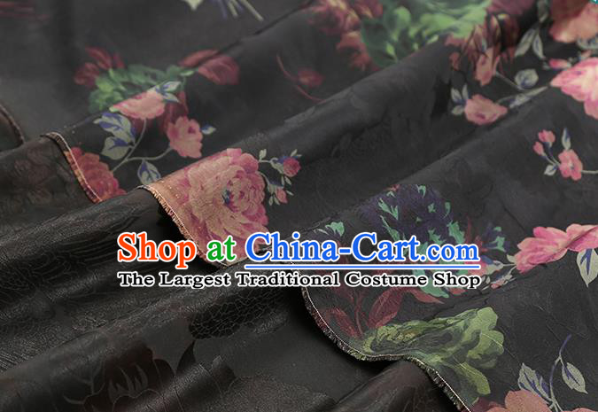 Chinese Classical Roses Pattern Brocade Cheongsam Black Gambiered Guangdong Gauze Fabric Traditional Silk Drapery