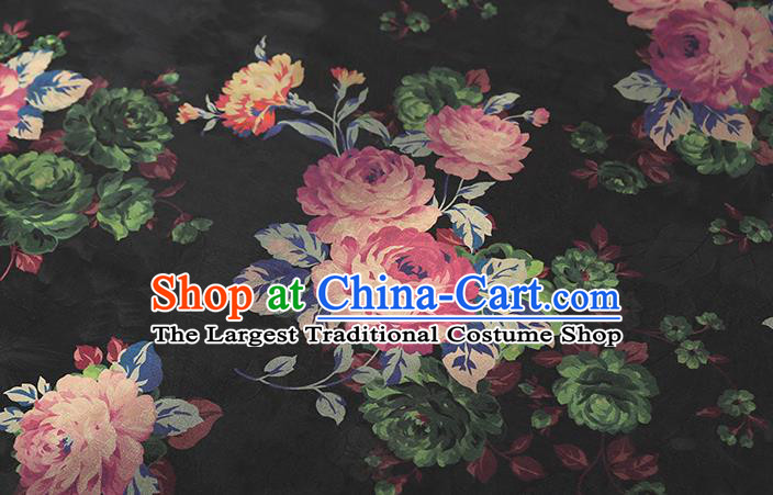 Chinese Classical Roses Pattern Brocade Cheongsam Black Gambiered Guangdong Gauze Fabric Traditional Silk Drapery