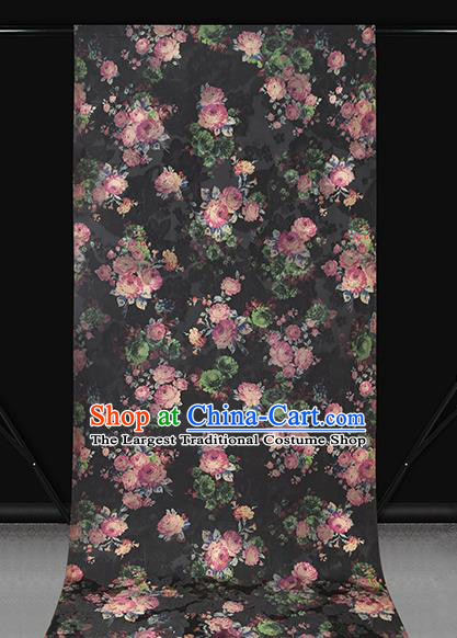 Chinese Classical Roses Pattern Brocade Cheongsam Black Gambiered Guangdong Gauze Fabric Traditional Silk Drapery