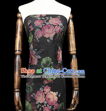Chinese Classical Roses Pattern Brocade Cheongsam Black Gambiered Guangdong Gauze Fabric Traditional Silk Drapery