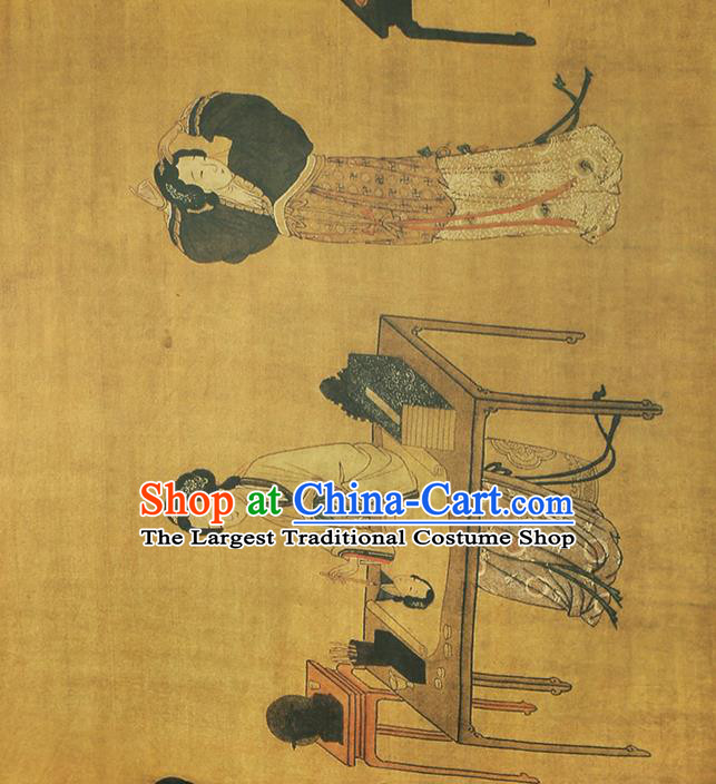 Chinese Traditional Silk Drapery Classical Beauty Pattern Brocade Fabric Cheongsam Yellow Gambiered Guangdong Gauze Cloth