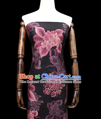 Chinese Traditional Cheongsam Black Brocade Fabric Classical Purple Peony Pattern Silk Drapery