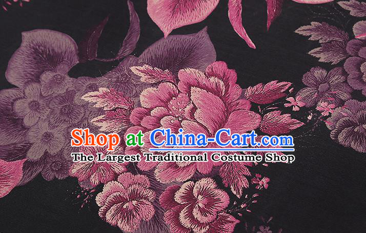 Chinese Traditional Cheongsam Black Brocade Fabric Classical Purple Peony Pattern Silk Drapery