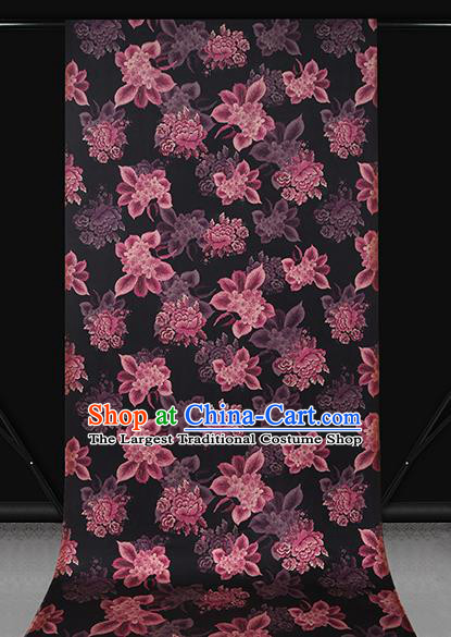 Chinese Traditional Cheongsam Black Brocade Fabric Classical Purple Peony Pattern Silk Drapery