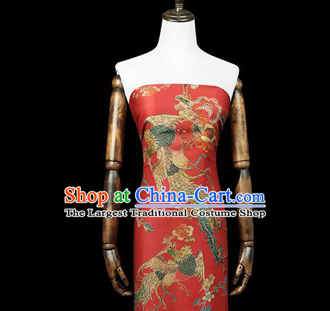 Chinese Traditional Wedding Brocade Fabric Red Satin Classical Phoenix Peony Pattern Silk Drapery