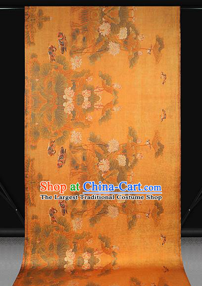 Chinese Traditional Orange Brocade Drapery Cheongsam Gambiered Guangdong Gauze Classical Lotus Pattern Silk Fabric