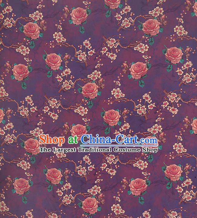 Chinese Traditional Purple Brocade Drapery Cheongsam Gambiered Guangdong Gauze Classical Plum Rose Pattern Silk Fabric