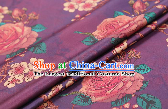 Chinese Traditional Purple Brocade Drapery Cheongsam Gambiered Guangdong Gauze Classical Plum Rose Pattern Silk Fabric
