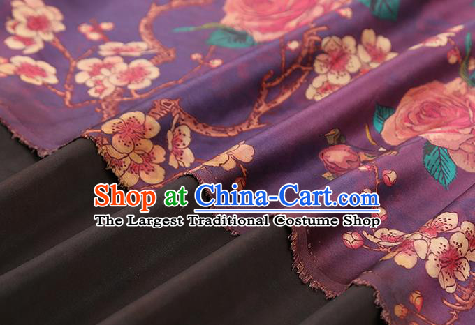 Chinese Traditional Purple Brocade Drapery Cheongsam Gambiered Guangdong Gauze Classical Plum Rose Pattern Silk Fabric