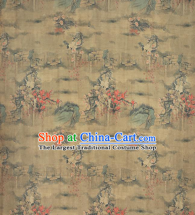 Chinese Cheongsam Silk Fabric Traditional Gambiered Guangdong Gauze Classical Crane Plum Pattern Ginger Brocade Drapery