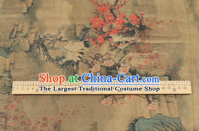 Chinese Cheongsam Silk Fabric Traditional Gambiered Guangdong Gauze Classical Crane Plum Pattern Ginger Brocade Drapery