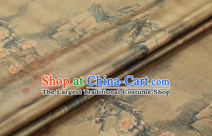 Chinese Cheongsam Silk Fabric Traditional Gambiered Guangdong Gauze Classical Crane Plum Pattern Ginger Brocade Drapery