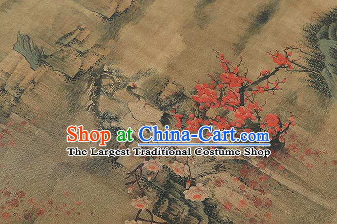 Chinese Cheongsam Silk Fabric Traditional Gambiered Guangdong Gauze Classical Crane Plum Pattern Ginger Brocade Drapery