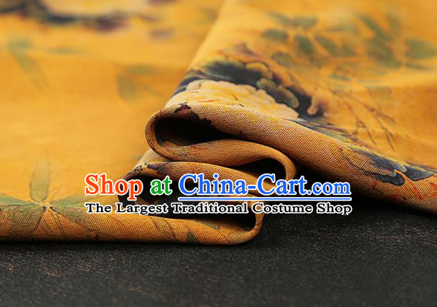 Chinese Cheongsam Silk Fabric Traditional Gambiered Guangdong Gauze Classical Peony Pattern Yellow Brocade Drapery