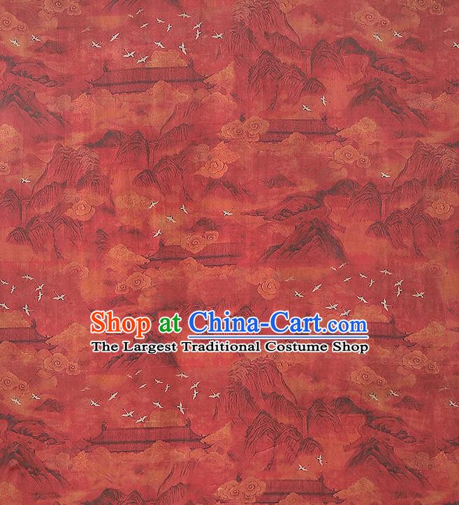 Chinese Classical Cloud Crane Pattern Brocade Drapery Cheongsam Red Silk Fabric Traditional Gambiered Guangdong Gauze