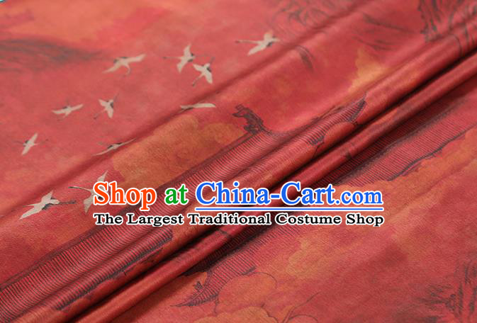 Chinese Classical Cloud Crane Pattern Brocade Drapery Cheongsam Red Silk Fabric Traditional Gambiered Guangdong Gauze